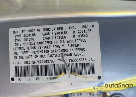 2010 Honda Accord 2.4 Ex from USA, damaged, VIN 1HGCP2F7XAA162790